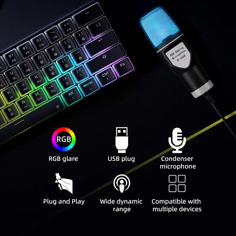 Portable USB Microphone RGB Microfone Condensador Wire Gaming Mic for Podcast Recording Studio Streaming Laptop Desktop