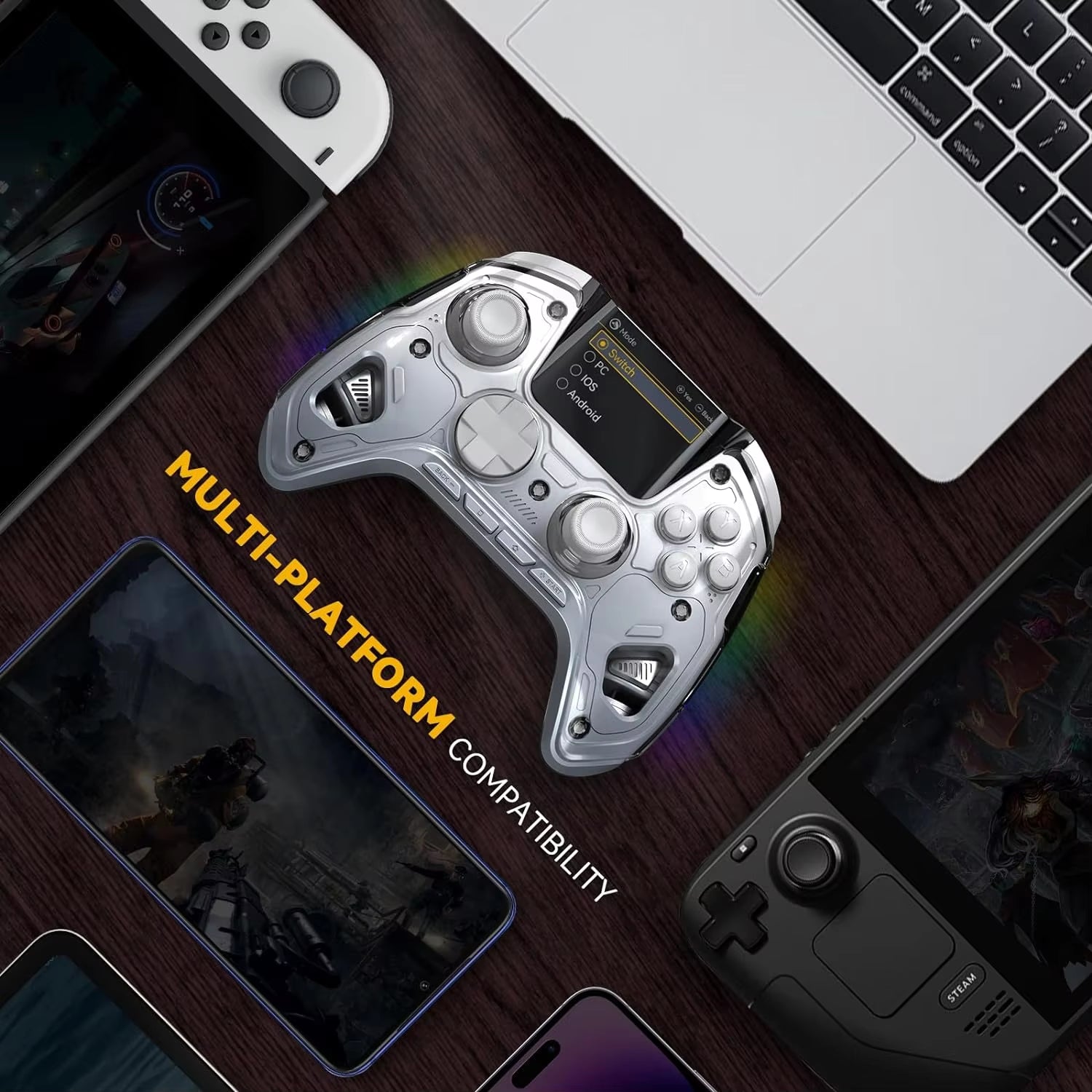 Interactive Screen Wireless Gaming Controller for Switch/Pc/Ios/Android Hall Effect Stick RGB Light 1800Mah with Charging Dock